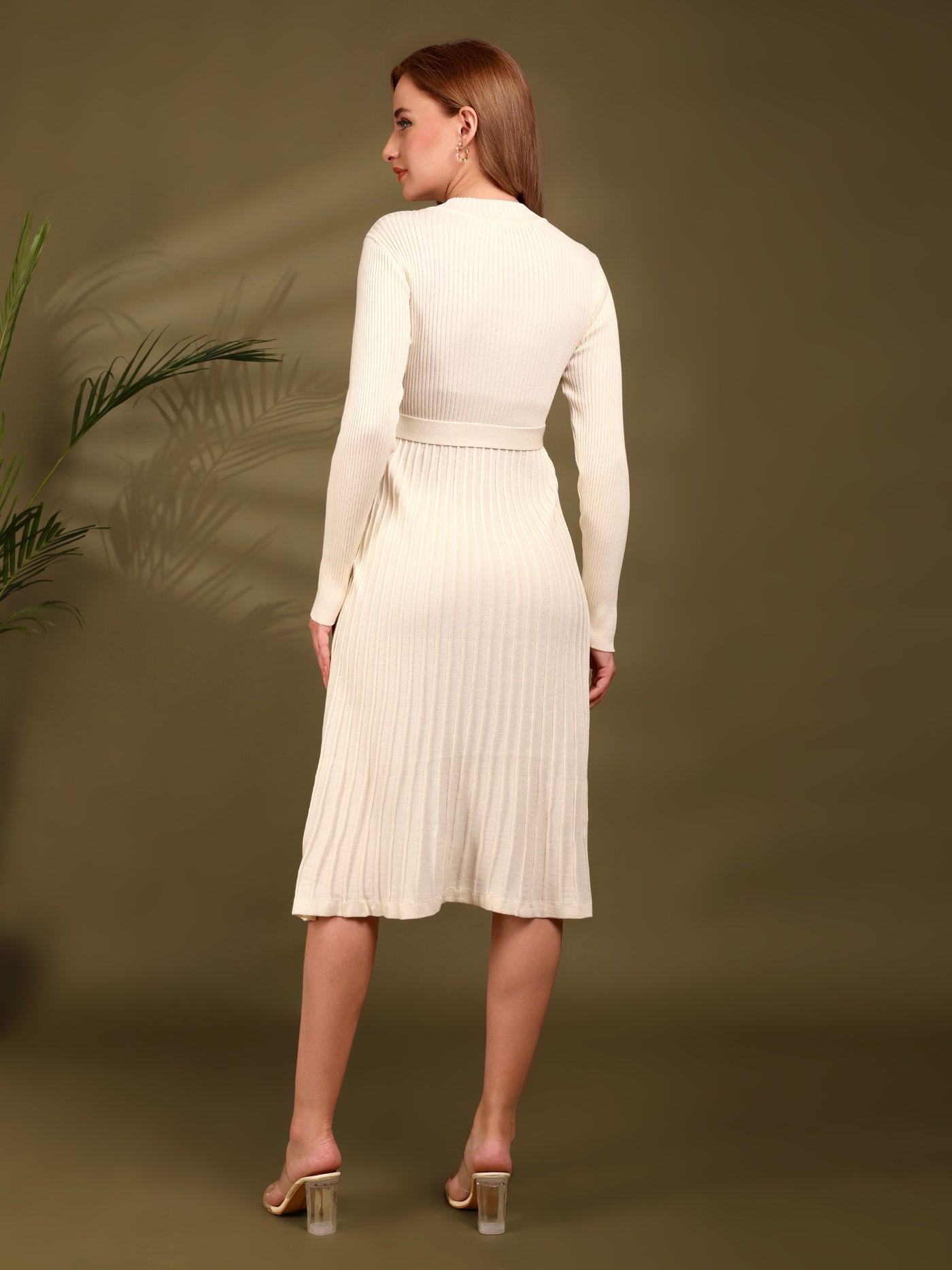 Off White Knitted Midi Dress With Waist Belt