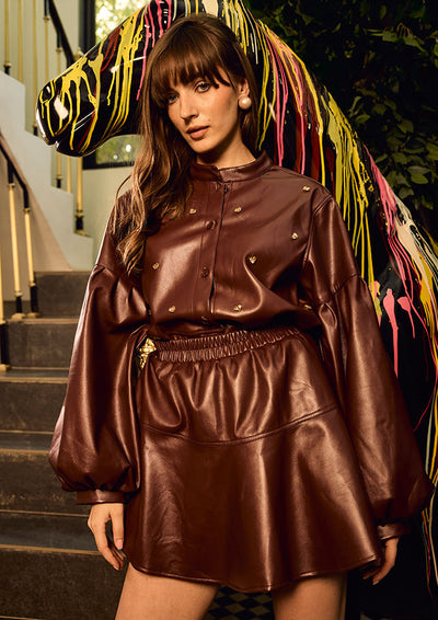 Burgundy Embellished Detailed Bubble Hem Leather Jacket