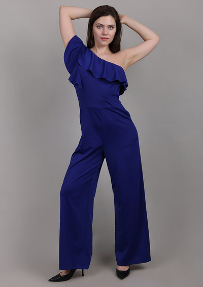 Blue One-Shoulder Jumpsuit with Front Ruffle