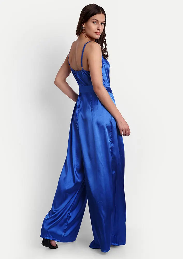 Blue Satin Cowl Neck Strappy Jumpsuit IKI CHIC