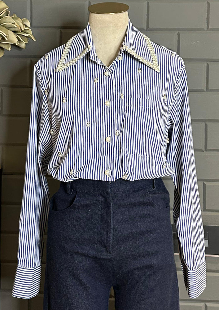 Blue Striped Shirt with Pearl Embellished Collar & Buttons