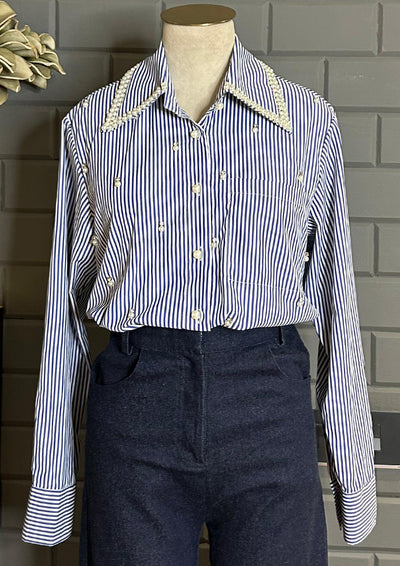 Blue Striped Shirt with Pearl Embellished Collar & Buttons