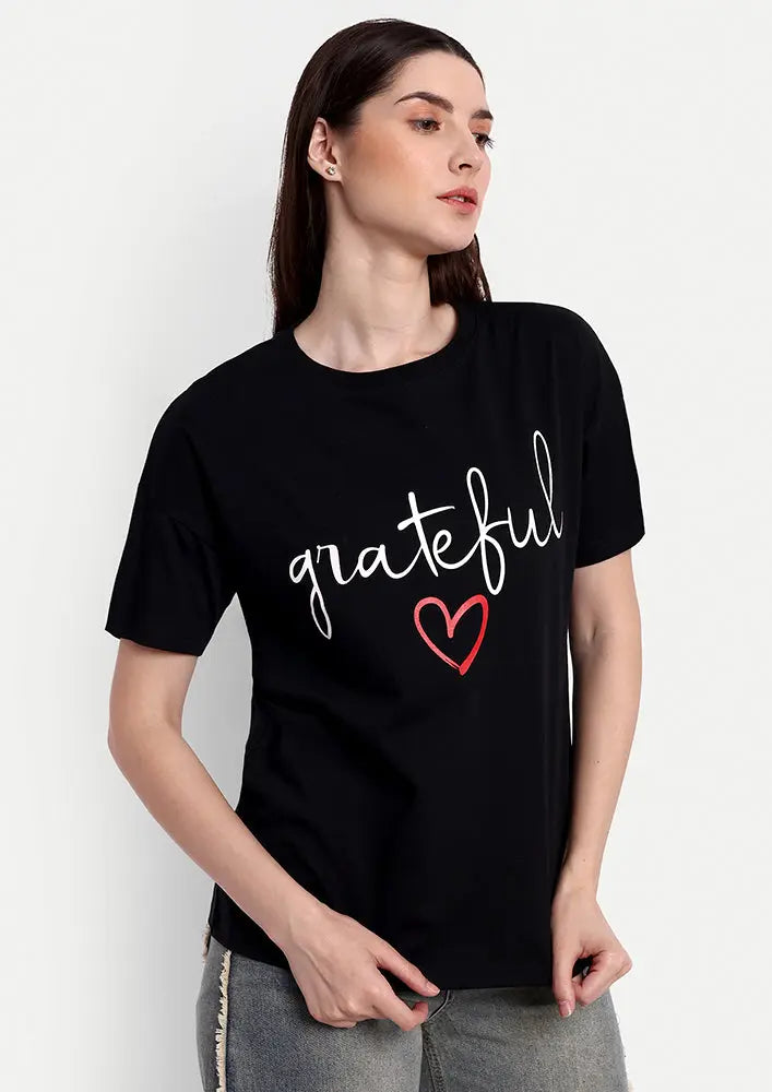 Black Grateful Print Short Sleeve T-Shirt IKI CHIC Private Ltd