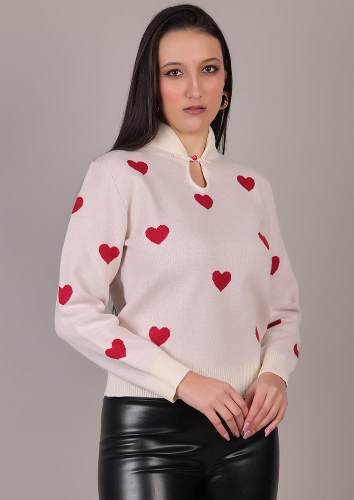 Off white Sweater With Heart Print IKI CHIC Private Ltd.