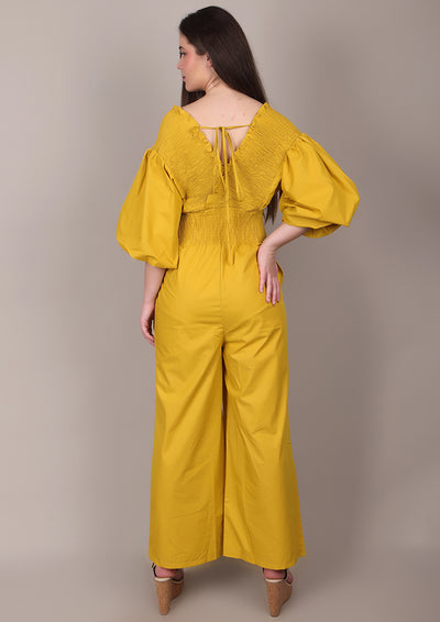 Yellow Smocked V-Neck Jumpsuit