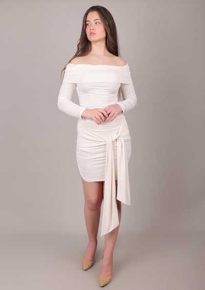 Cream Off-Shoulder Ruched Dress with Tie-Up