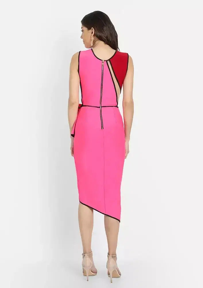 Colorblock V-neck Bow Waist Detail Bodycon Dress IKI CHIC Private Ltd.