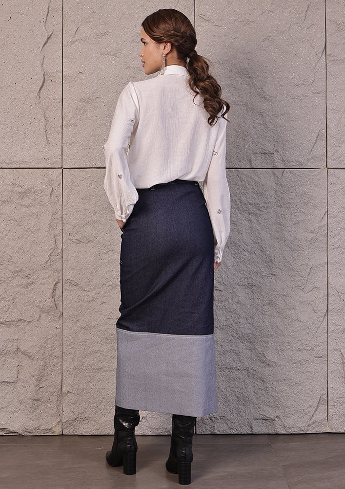 Denim Fold Hem Slit Skirt IKI CHIC Private Ltd.