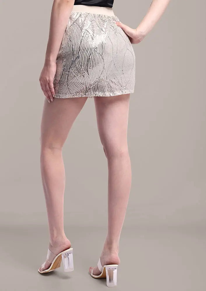 Cream Sequin Mini Skirt with Elastic Waistband IKI CHIC Private Ltd