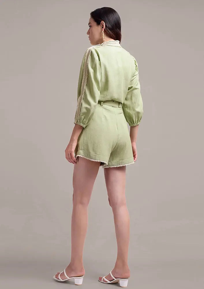 Pastel Green Lace Detailing  Shirt With High Waisted Shorts IKI CHIC Private Ltd