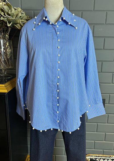 Blue & White Stripe pearl shirt IKI CHIC Private Ltd