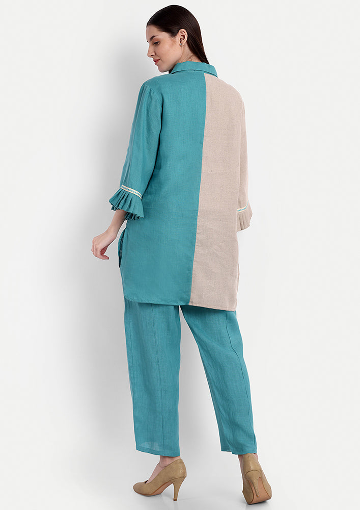 Colorblock Linen High-low Shirt With Straight Pants Set