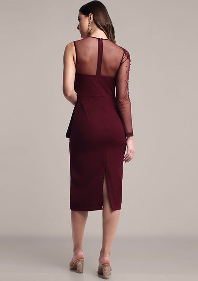 Maroon Scuba Midi Dress with Embellished Net Sleeve