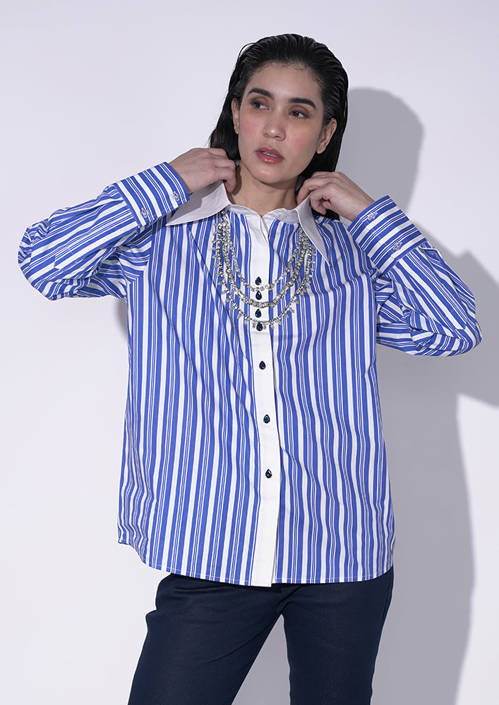 Blue Stripe Shirt with Swarovski Jewelry Design IKI CHIC Private Ltd.