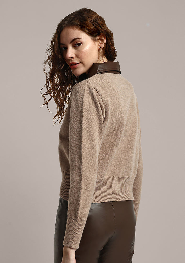 Brown Woolen Short Cardigan With Leather Collar