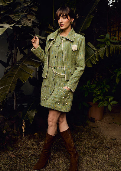 Green Tweed Pearl Lace Detailed Jacket