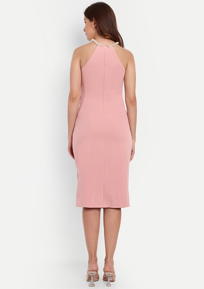 Pink Bodycon Midi Dress With A Halter Neck And Draped Detailing
