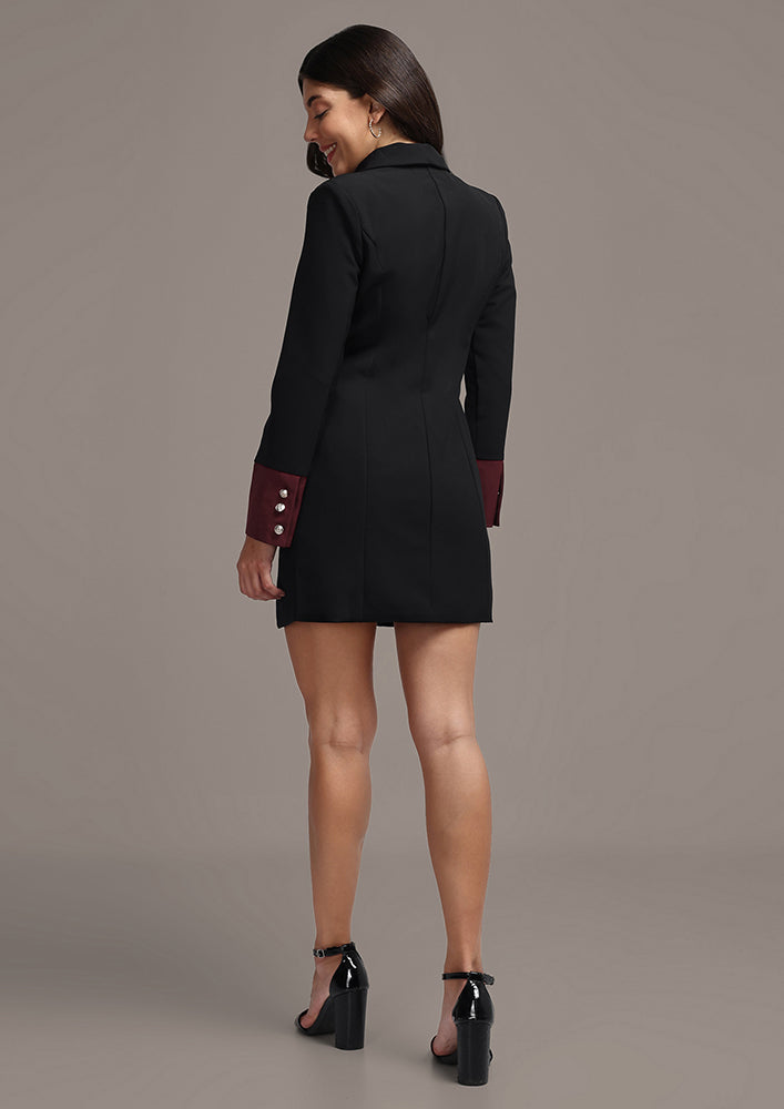 Solid Black Double Breasted Mini Blazer Dress