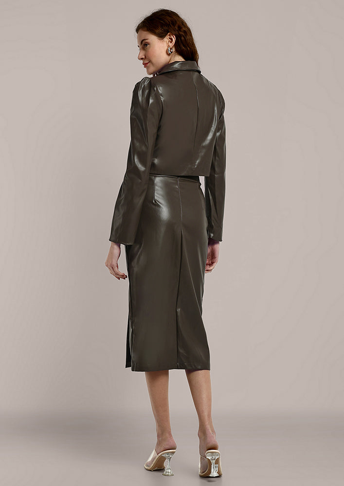 Olive Green Leather Short Coat With Skirt Set