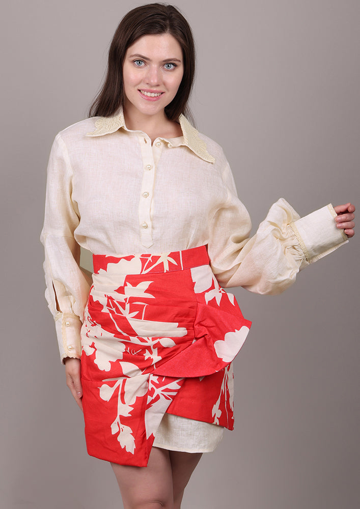 Beige Linen Shirt with Floral Wrap Skirt