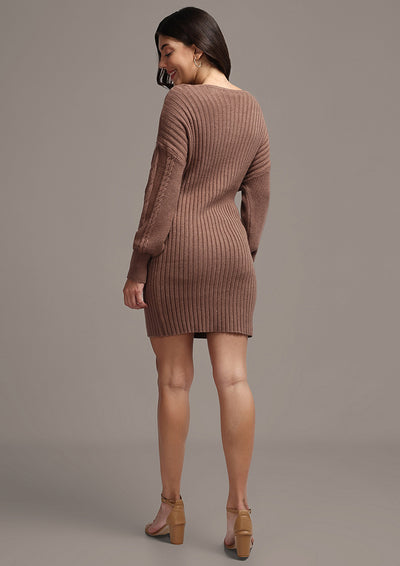 Brown Solid V-Wrapped Neckline Mini Sweater Dress