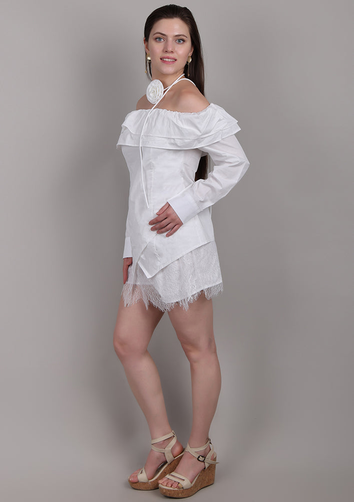 White Off-Shoulder Set with Front Ruffles & Rose Neck Accessory
