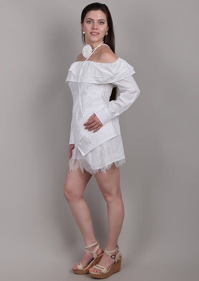 White Off-Shoulder Set with Front Ruffles & Rose Neck Accessory