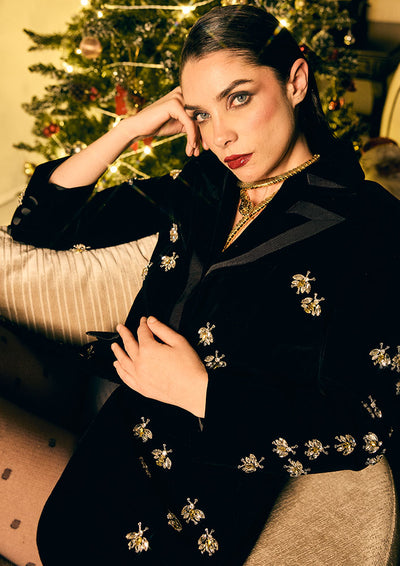 Black Velvet Embellished Detailed Blazer