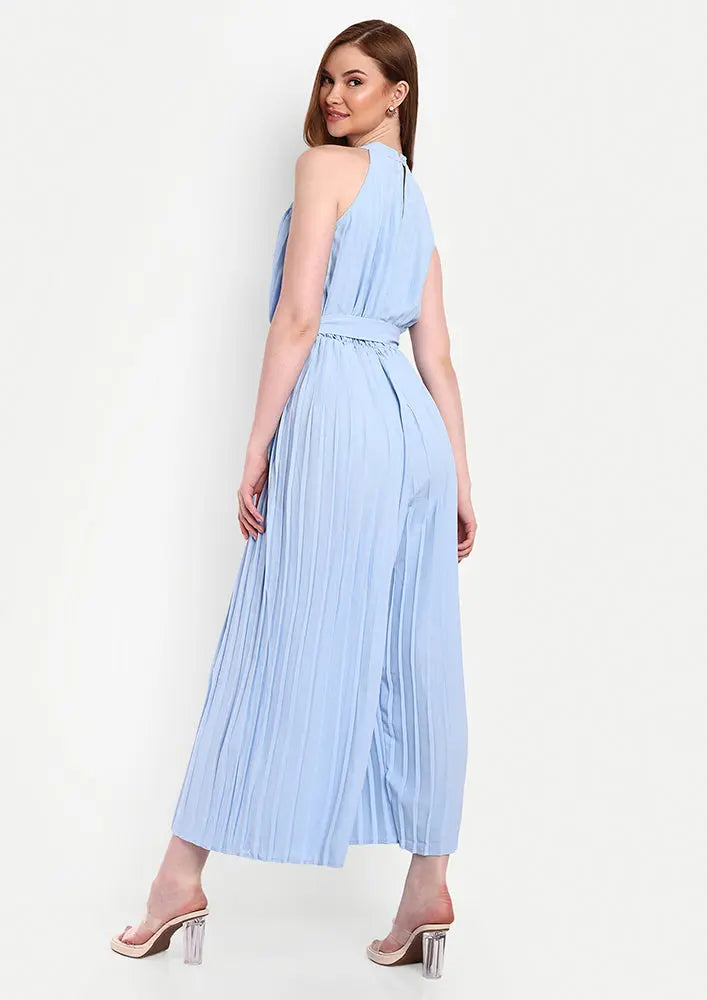 Blue Halter Neck Pleated Wide Leg Jumpsuit IKI CHIC Private Ltd