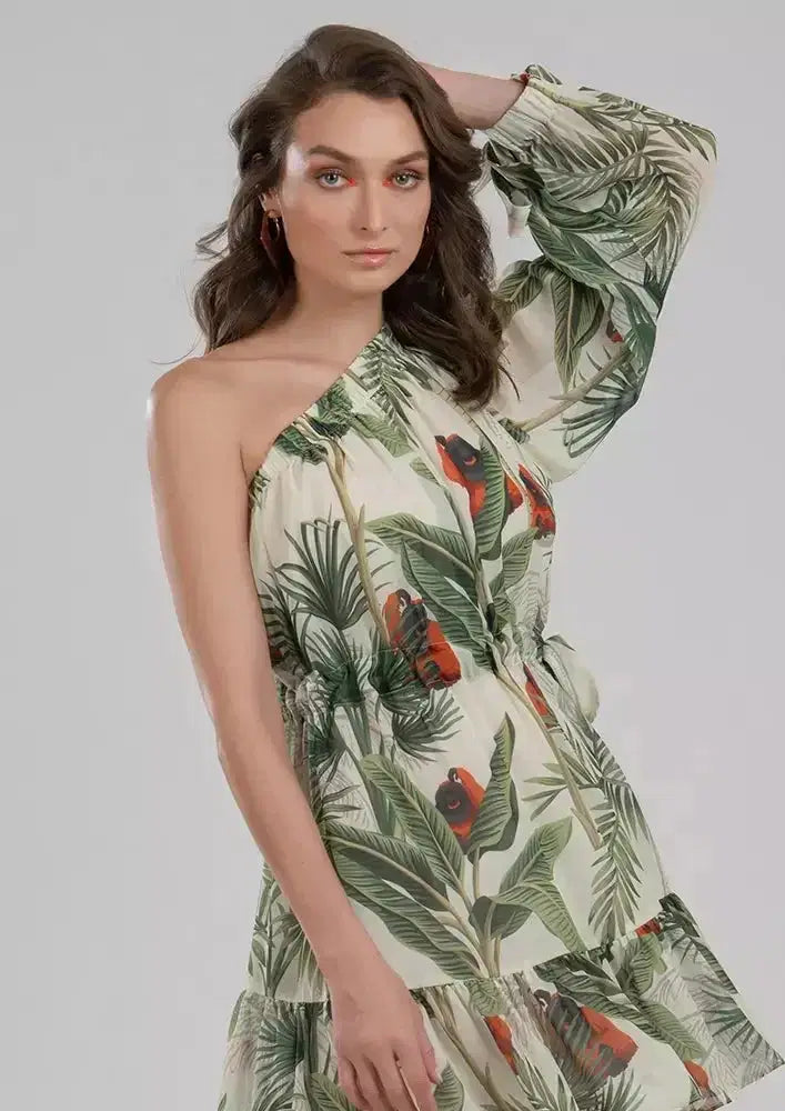 Langoor Safari Print One Shoulder Tie Waist Skater Dress