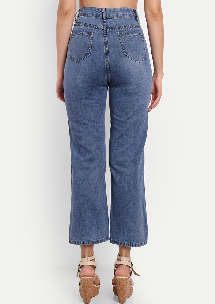 Blue Washed High Waisted Denim Jeans With A Front Patch Pocket And Chain Detailing