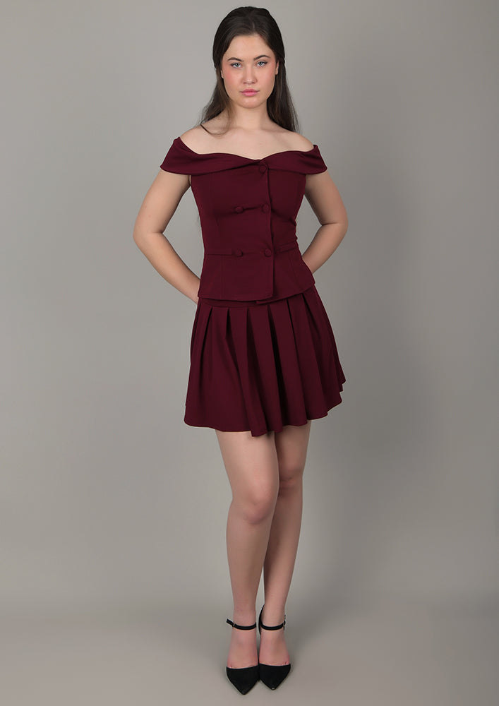 Burgundy Off-Shoulder top with Skirt IKI CHIC Private Ltd.