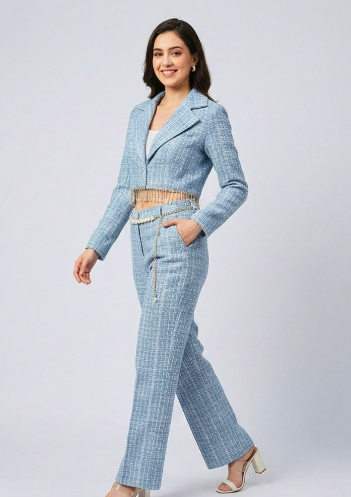 Light Blue Tweed Short Blazer Co-ord Set With Pant