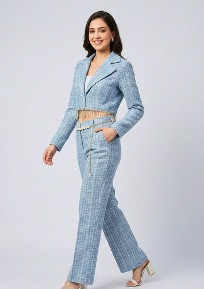 Light Blue Tweed Short Blazer Co-ord Set With Pant