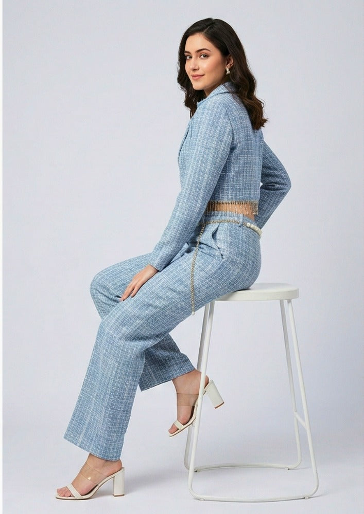 Light Blue Tweed Short Blazer With Long Chain  Detailing