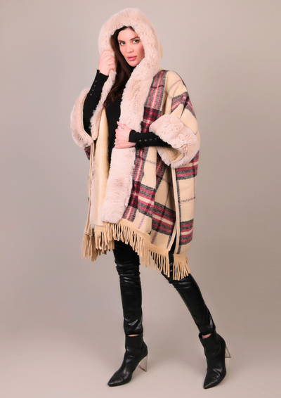 Plaid Pattern Poncho With Fur Detailing