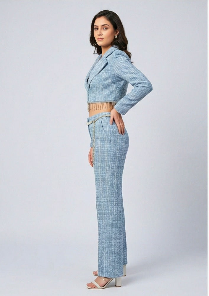 Light Blue Tweed Short Blazer Co-ord Set With Pant