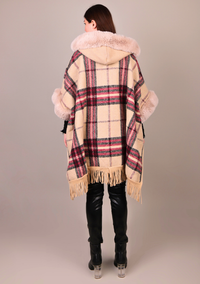 Plaid Pattern Poncho With Fur Detailing