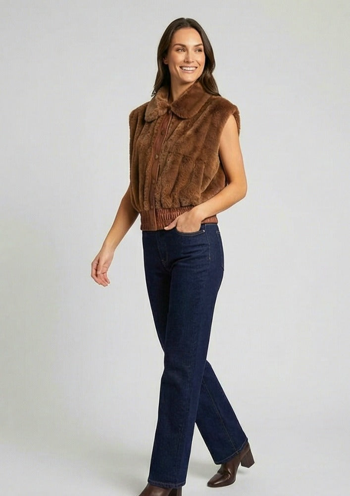 Brown Fur Sleeveless Jacket with Leather Detailing