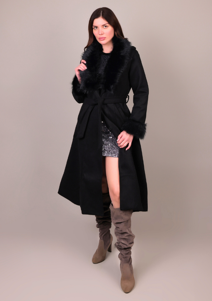Black Long Fur-Trimmed Coat IKI CHIC Private Ltd.