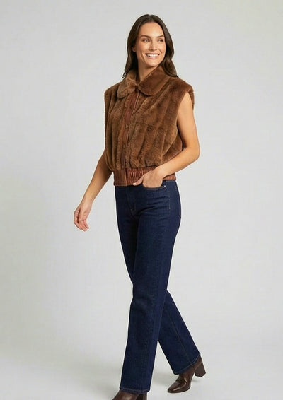 Brown Fur Sleeveless Jacket with Leather Detailing