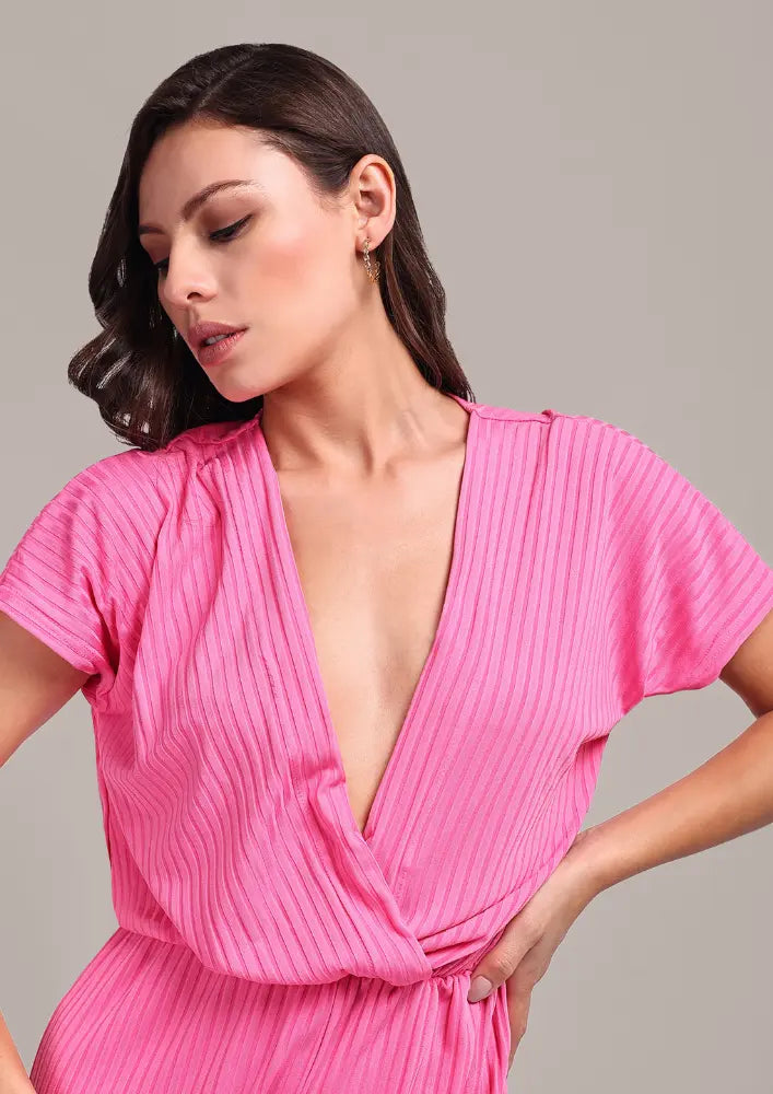 Pink V-neck Kimono Sleeves Romper IKI CHIC Private Ltd