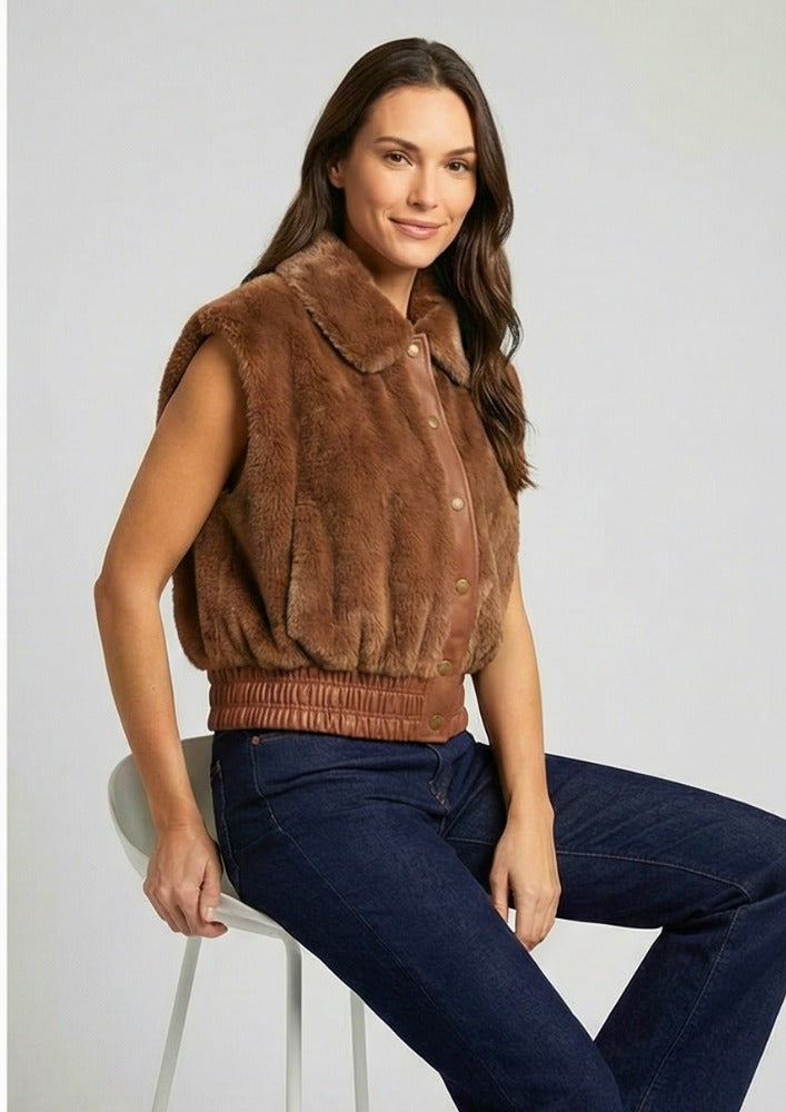 Brown Fur Sleeveless Jacket with Leather Detailing