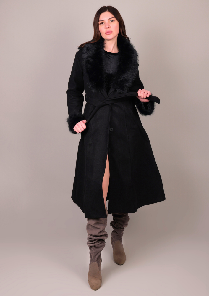 Black Long Fur-Trimmed Coat IKI CHIC Private Ltd.