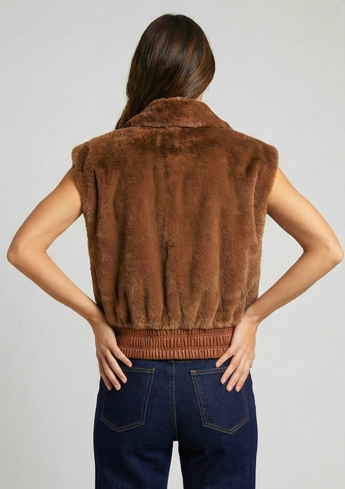 Brown Fur Sleeveless Jacket with Leather Detailing