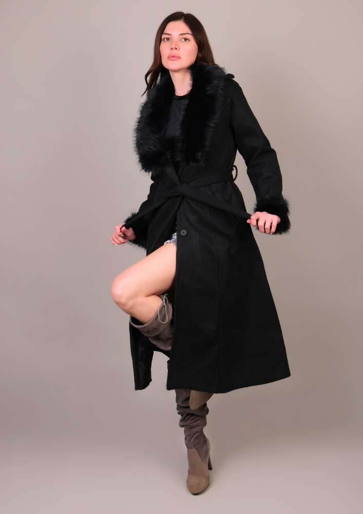 Black Long Fur-Trimmed Coat IKI CHIC Private Ltd.