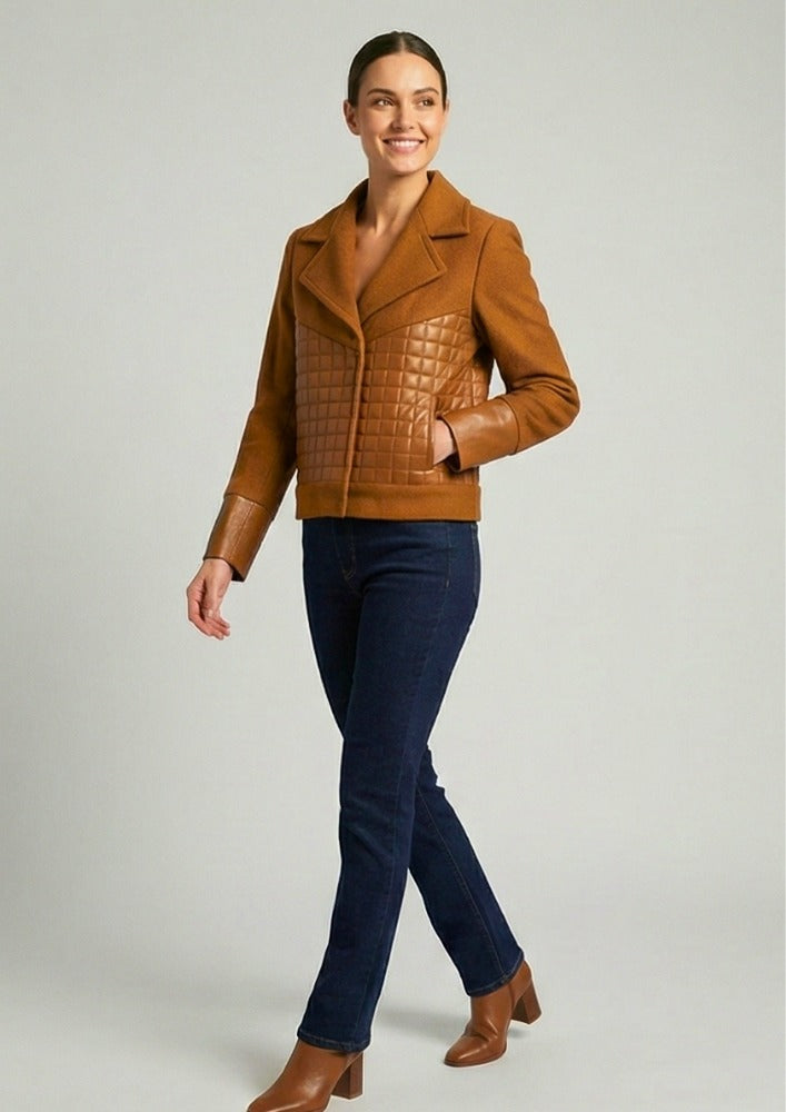 Brown Woollen Short Jacket With Leather Quilting