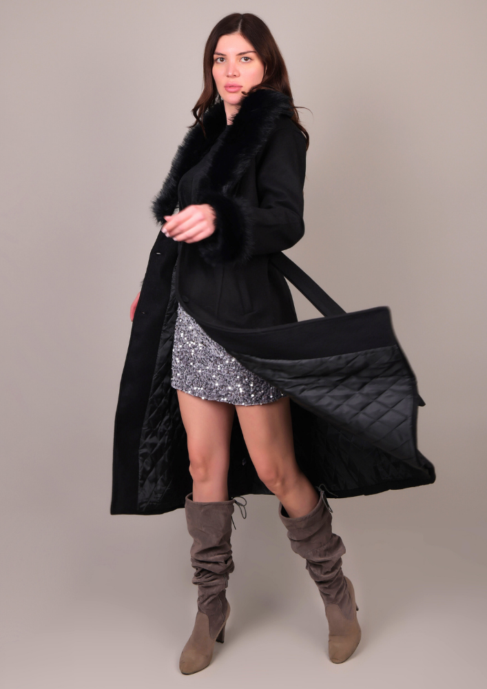 Black Long Fur-Trimmed Coat IKI CHIC Private Ltd.