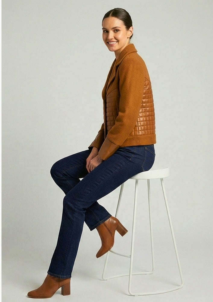 Brown Woollen Short Jacket With Leather Quilting