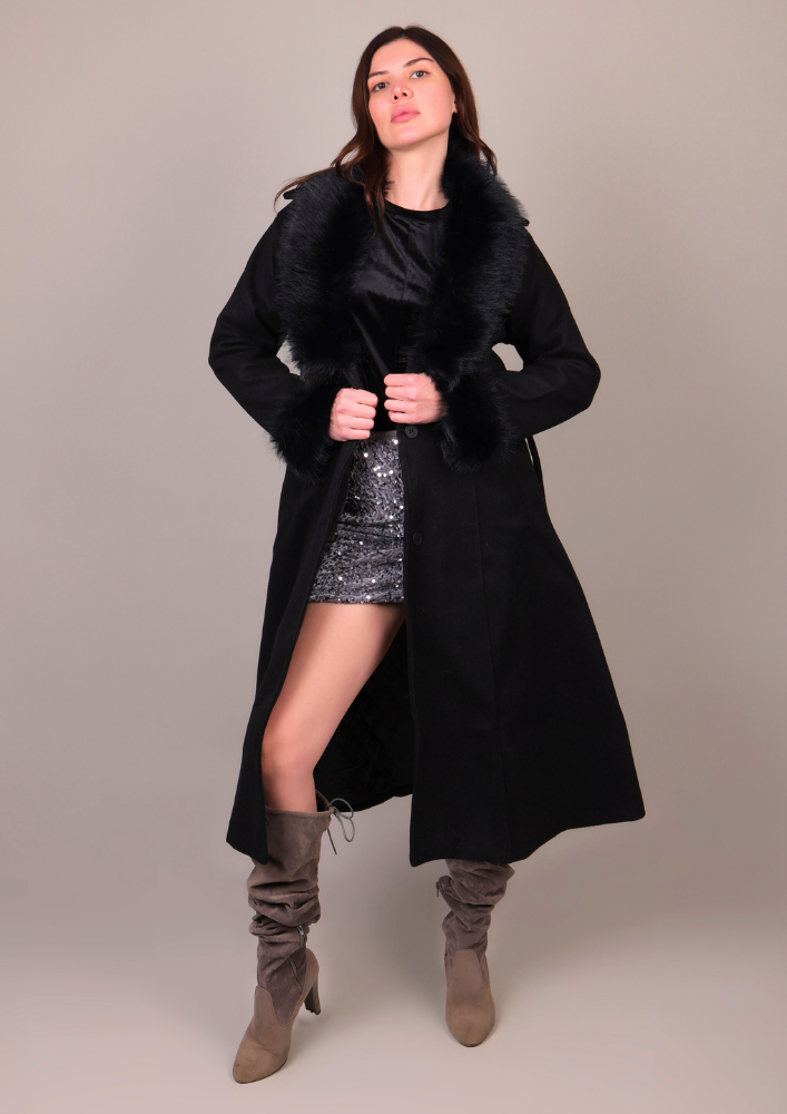 Black Long Fur-Trimmed Coat IKI CHIC Private Ltd.